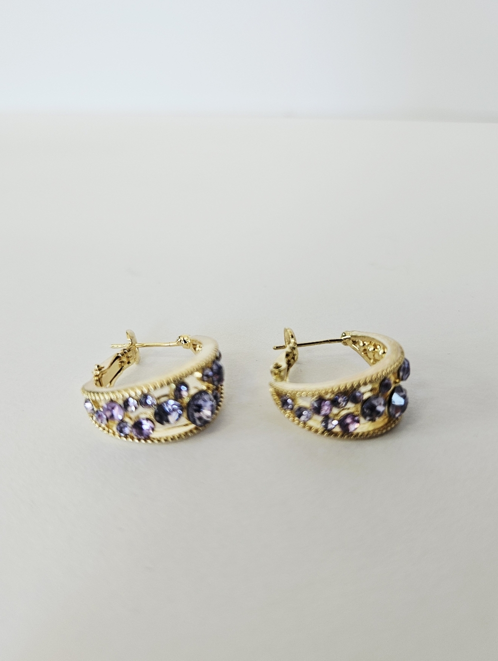 Sterling Silver Gold Coated Purple Rhinestone Huggie Hoop Hinge Clasps Earrings - Picture 3 of 7